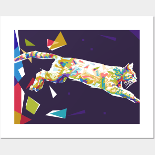 Cat Jumping Colorful Background Posters and Art